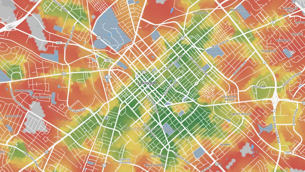 Walk Grade map of 40507, KY, walkable areas in green and car-dependent areas in red