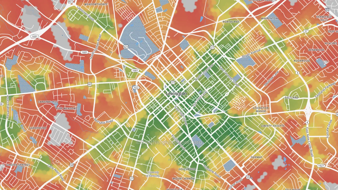 Walk Grade map of 40508, KY, walkable areas in green and car-dependent areas in red