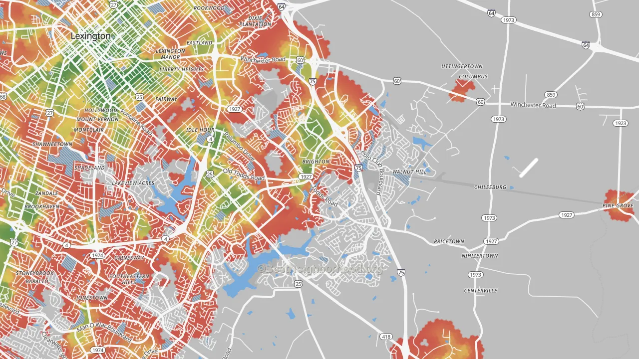 Walk Grade map of 40509, KY, walkable areas in green and car-dependent areas in red