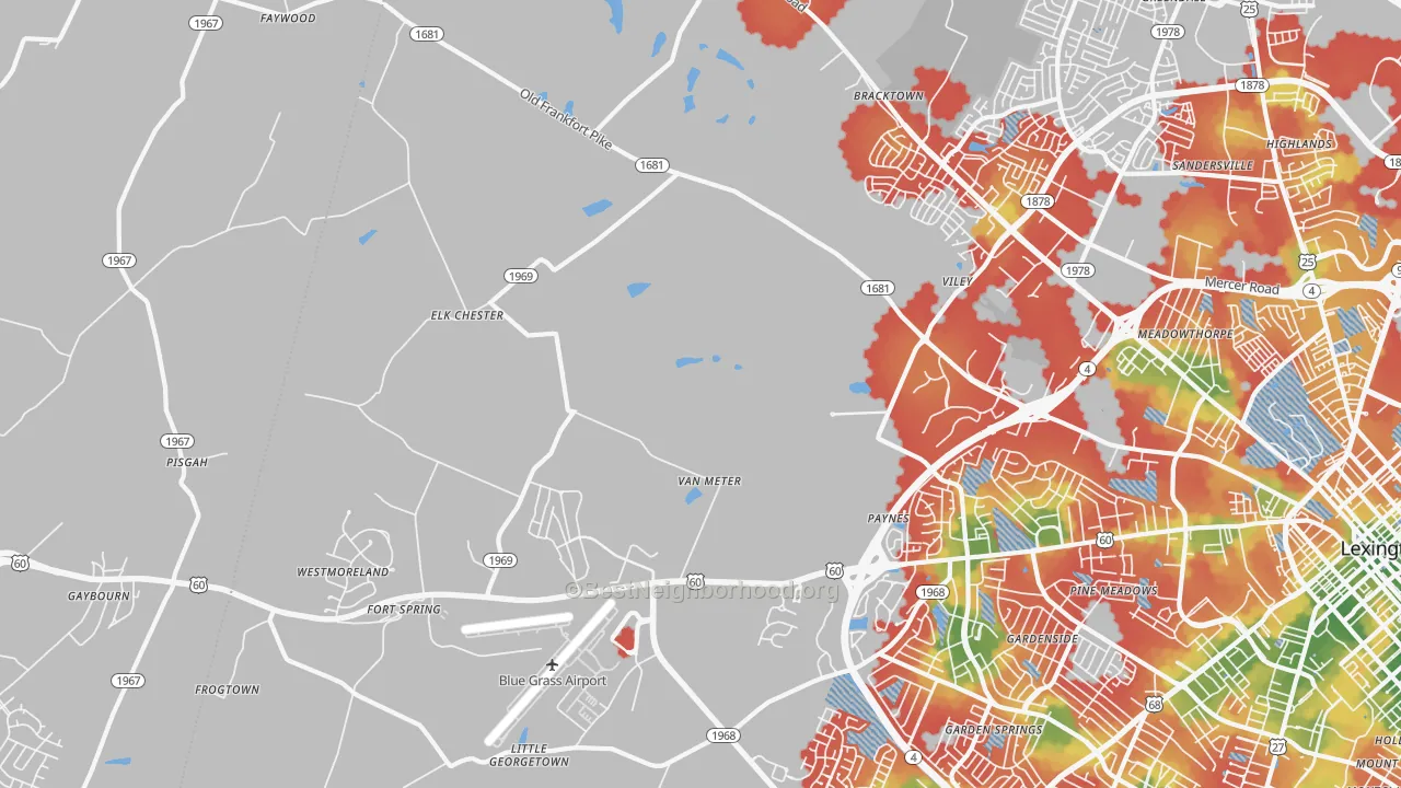 Walk Grade map of 40510, KY, walkable areas in green and car-dependent areas in red