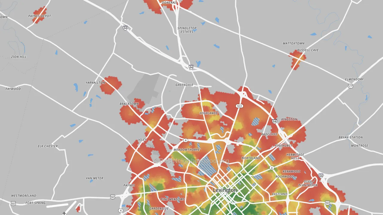 Walk Grade map of 40511, KY, walkable areas in green and car-dependent areas in red