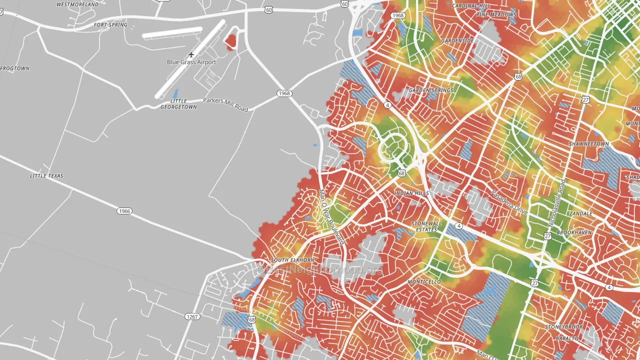 Walk Grade map of 40513, KY, walkable areas in green and car-dependent areas in red