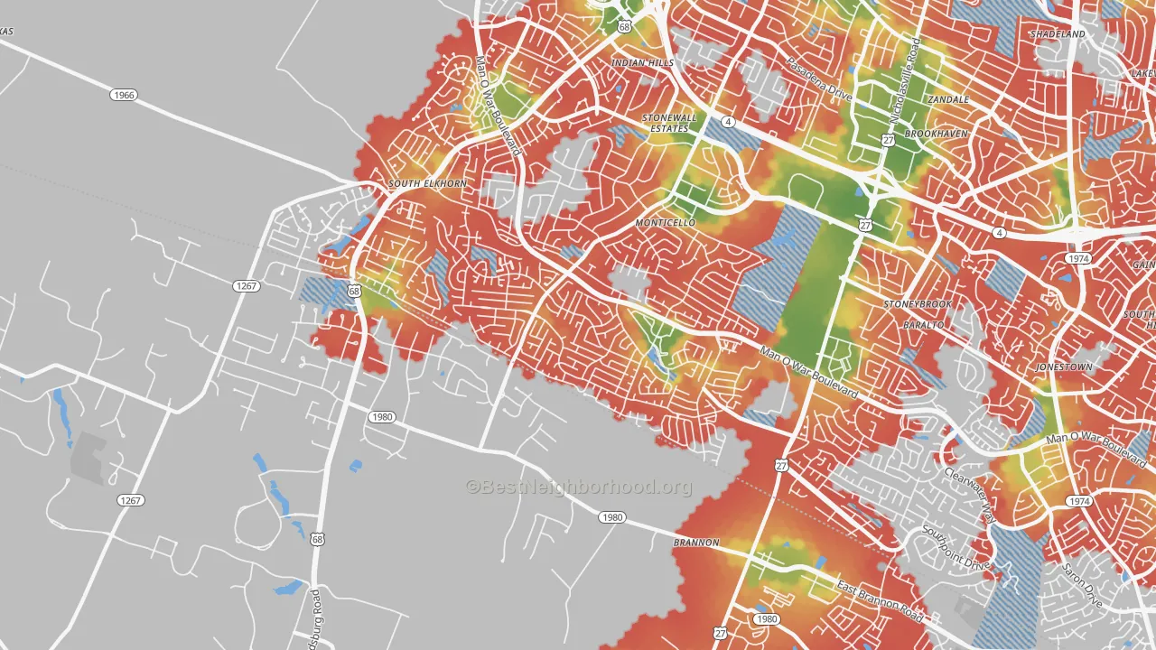 Walk Grade map of 40514, KY, walkable areas in green and car-dependent areas in red