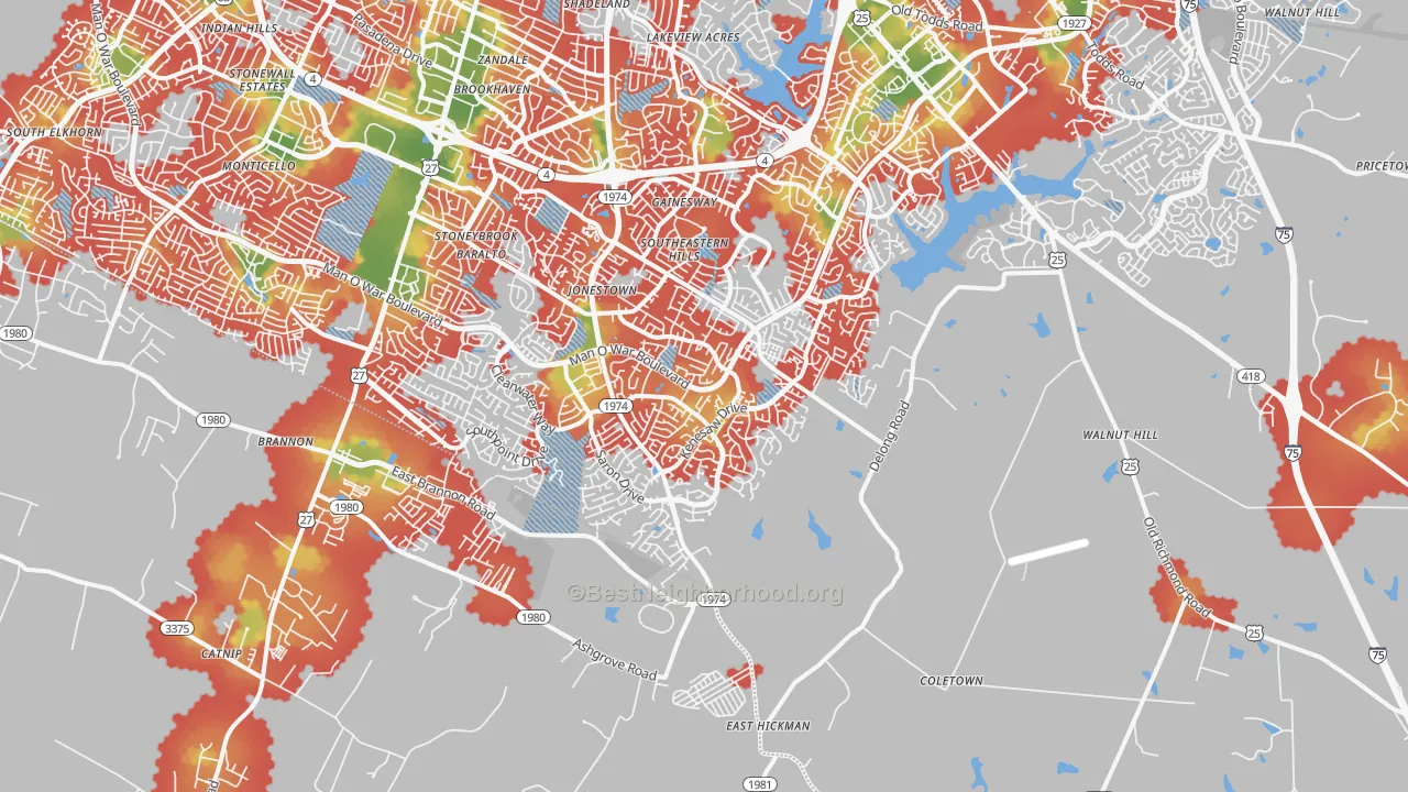 Walk Grade map of 40515, KY, walkable areas in green and car-dependent areas in red
