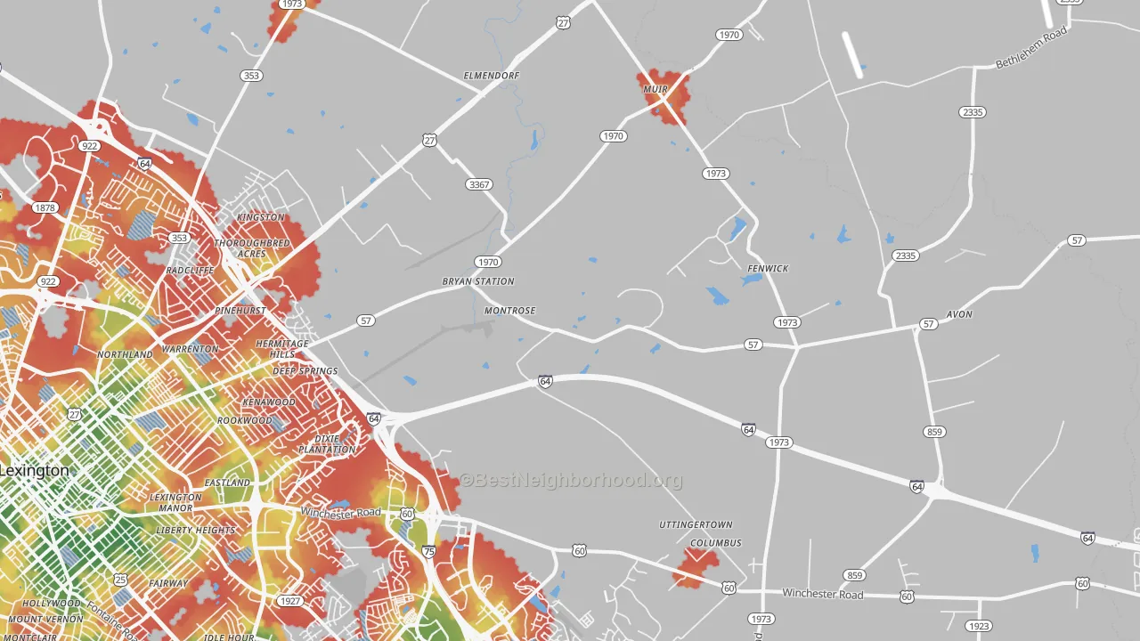 Walk Grade map of 40516, KY, walkable areas in green and car-dependent areas in red