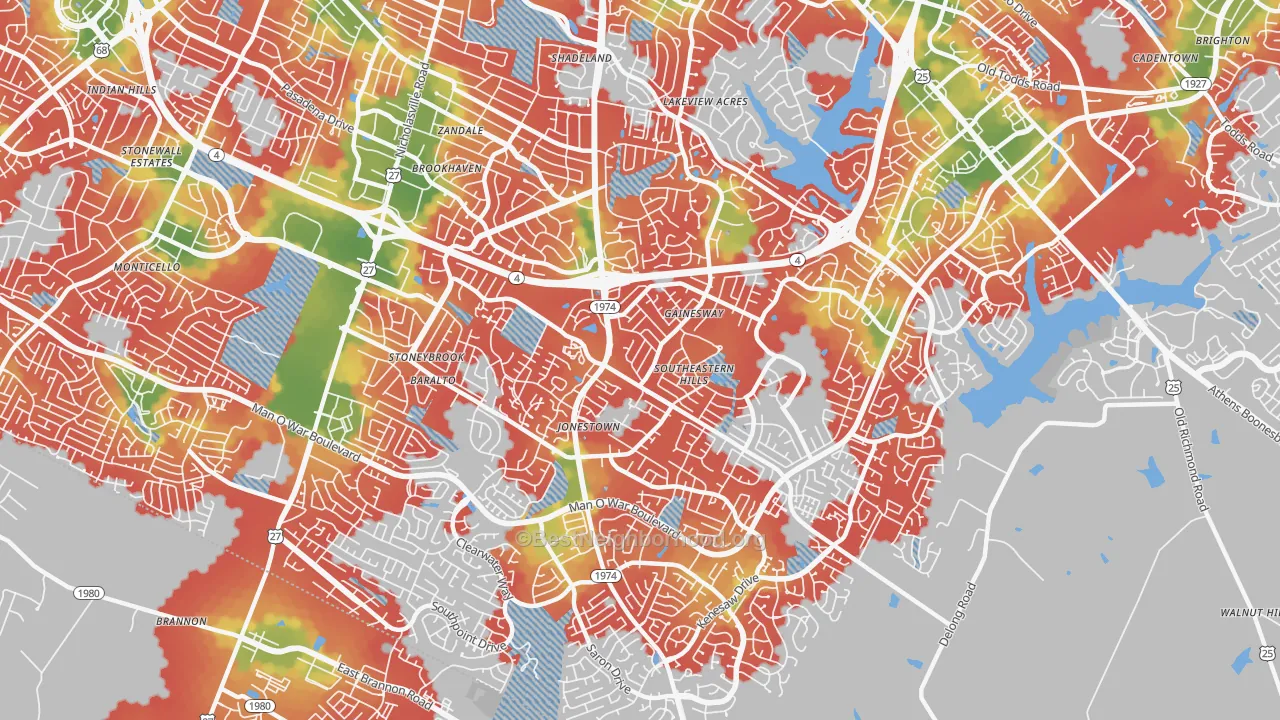 Walk Grade map of 40517, KY, walkable areas in green and car-dependent areas in red