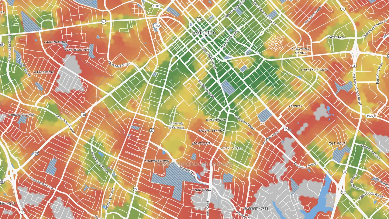 Walk Grade map of 40526, KY, walkable areas in green and car-dependent areas in red