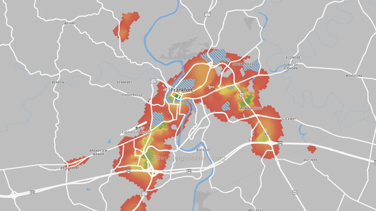 Walk Grade map of 40601, KY, walkable areas in green and car-dependent areas in red