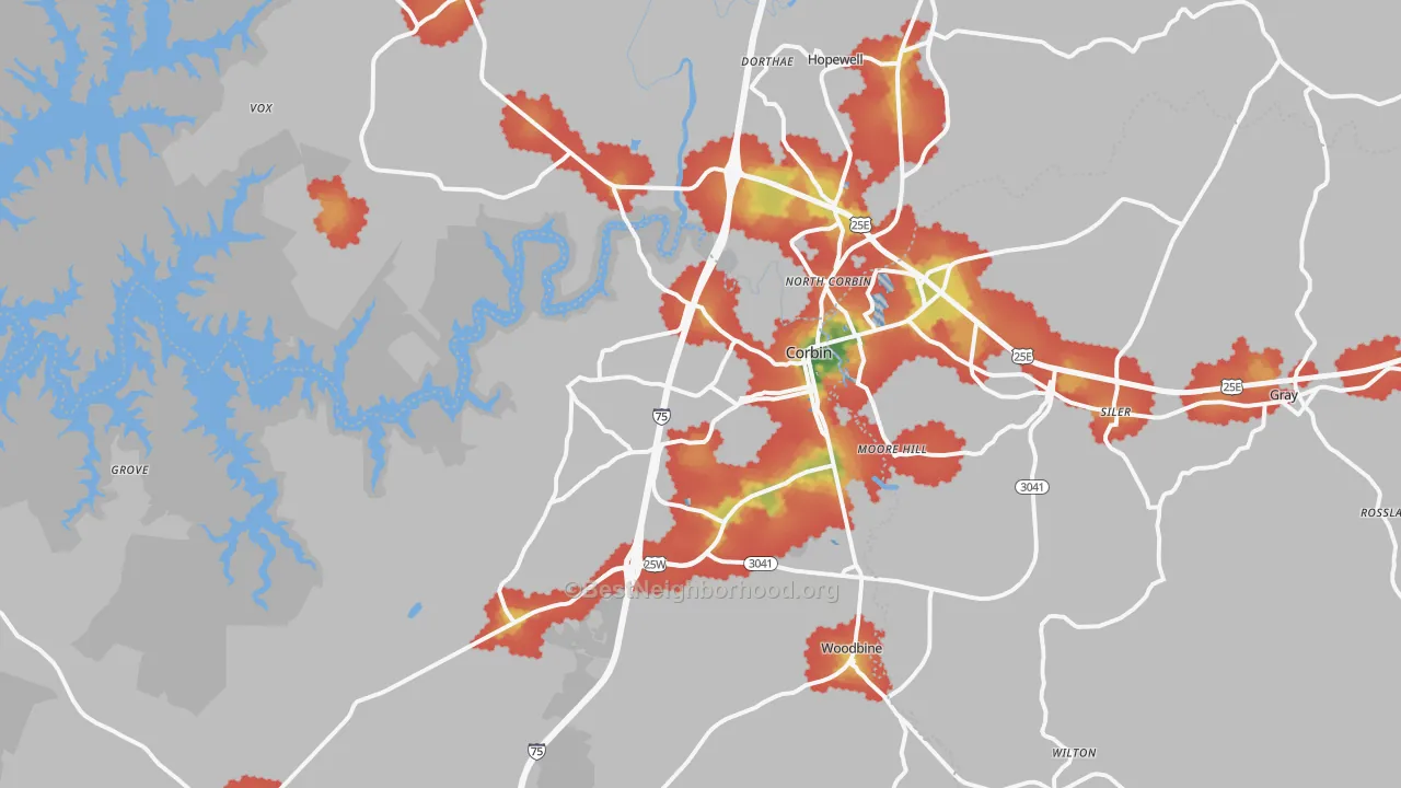 Walk Grade map of 40701, KY, walkable areas in green and car-dependent areas in red