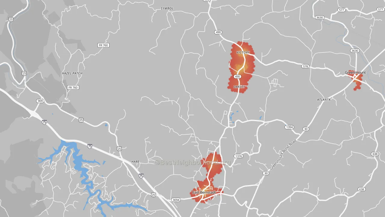 Walk Grade map of 40729, KY, walkable areas in green and car-dependent areas in red