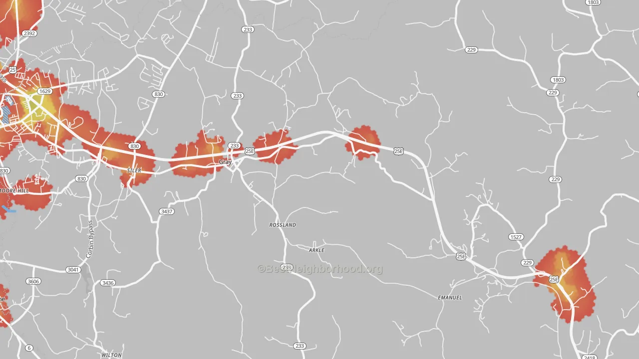 Walk Grade map of 40734, KY, walkable areas in green and car-dependent areas in red