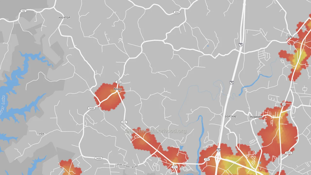 Walk Grade map of 40737, KY, walkable areas in green and car-dependent areas in red