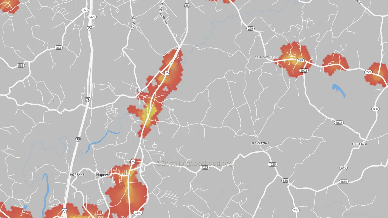 Walk Grade map of 40740, KY, walkable areas in green and car-dependent areas in red