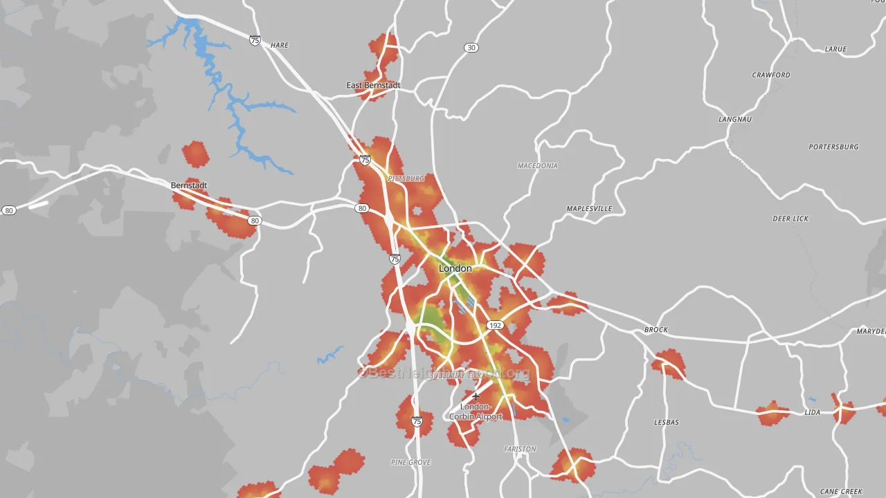 Walk Grade map of 40741, KY, walkable areas in green and car-dependent areas in red
