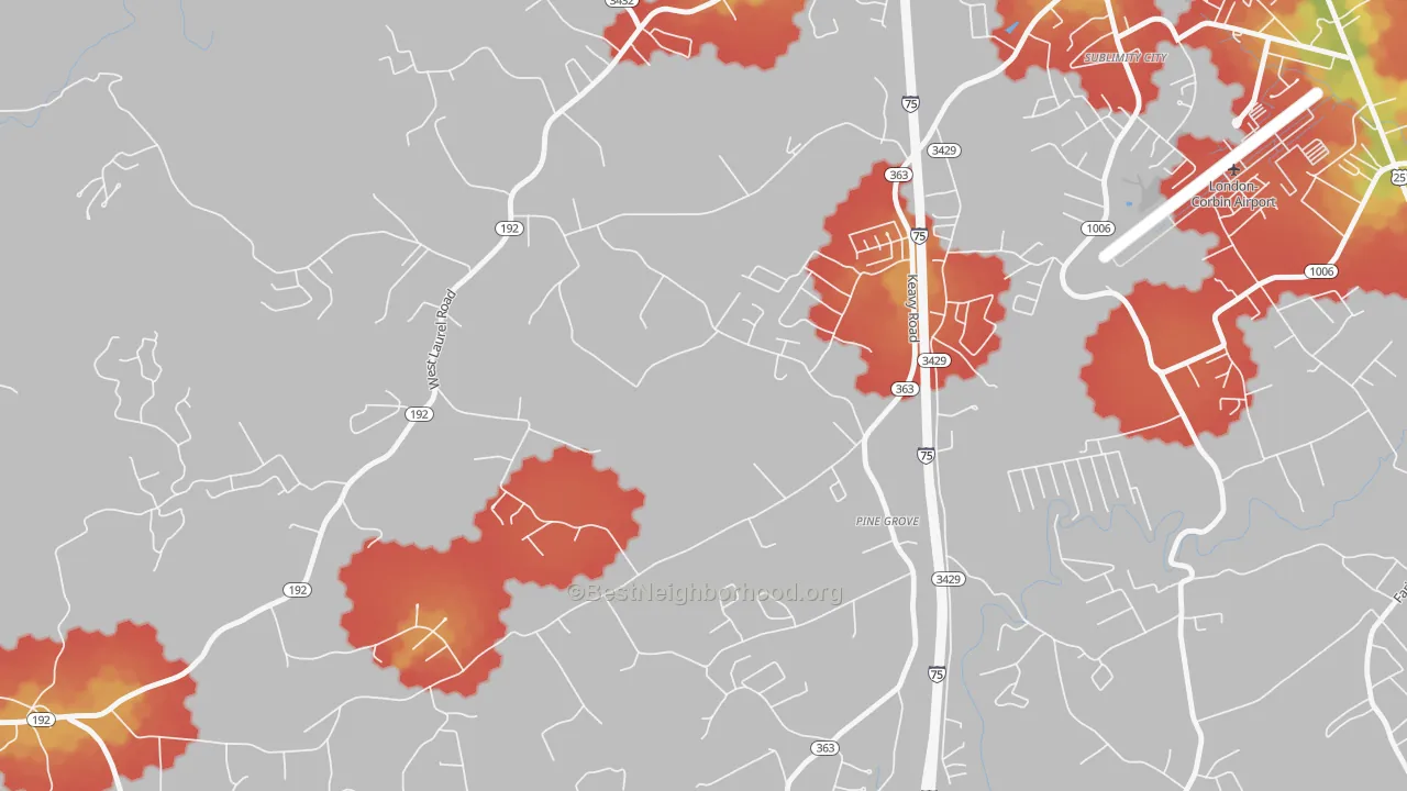 Walk Grade map of 40743, KY, walkable areas in green and car-dependent areas in red