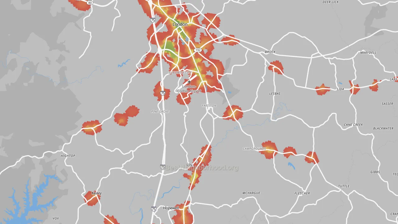 Walk Grade map of 40744, KY, walkable areas in green and car-dependent areas in red