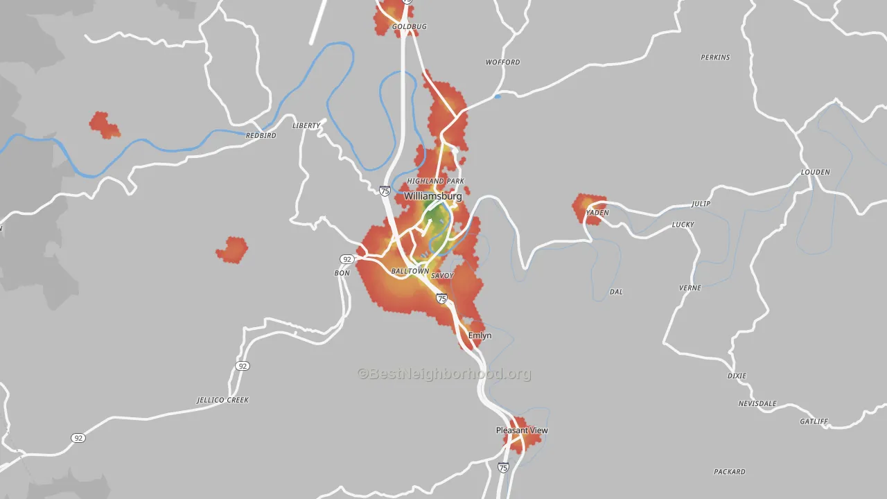Walk Grade map of 40769, KY, walkable areas in green and car-dependent areas in red