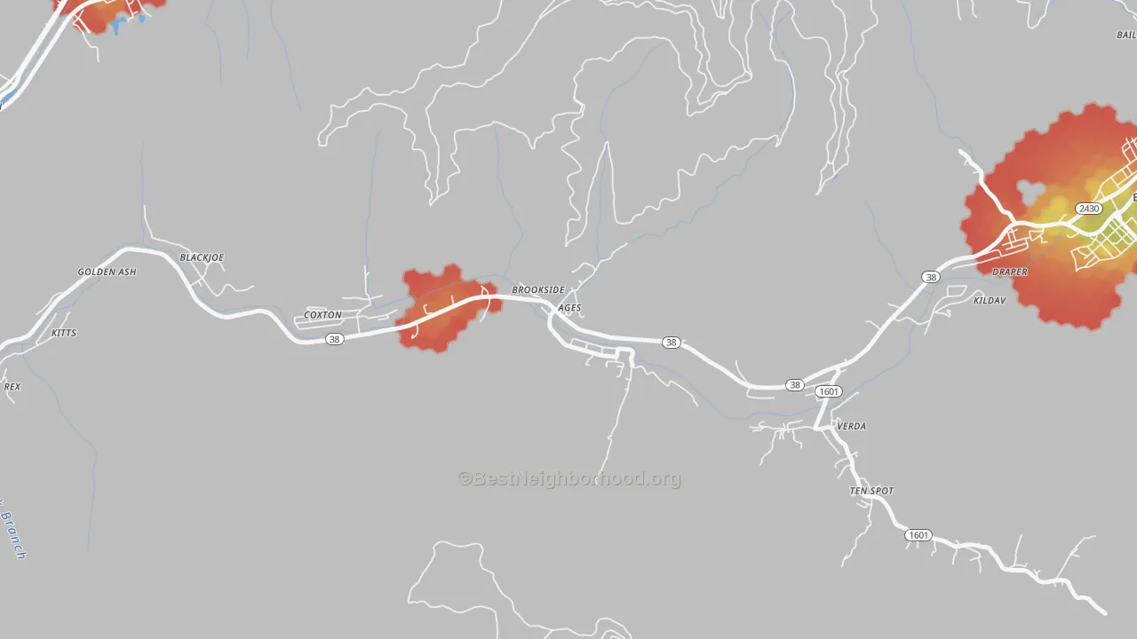Walk Grade map of 40801, KY, walkable areas in green and car-dependent areas in red
