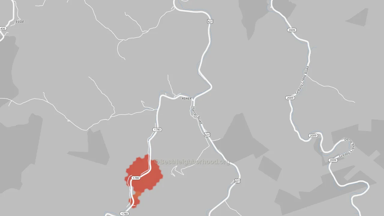 Walk Grade map of 40803, KY, walkable areas in green and car-dependent areas in red