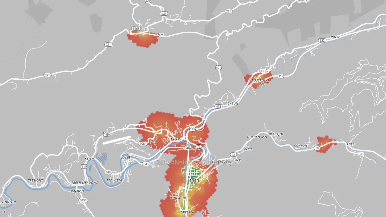 Walk Grade map of 40806, KY, walkable areas in green and car-dependent areas in red