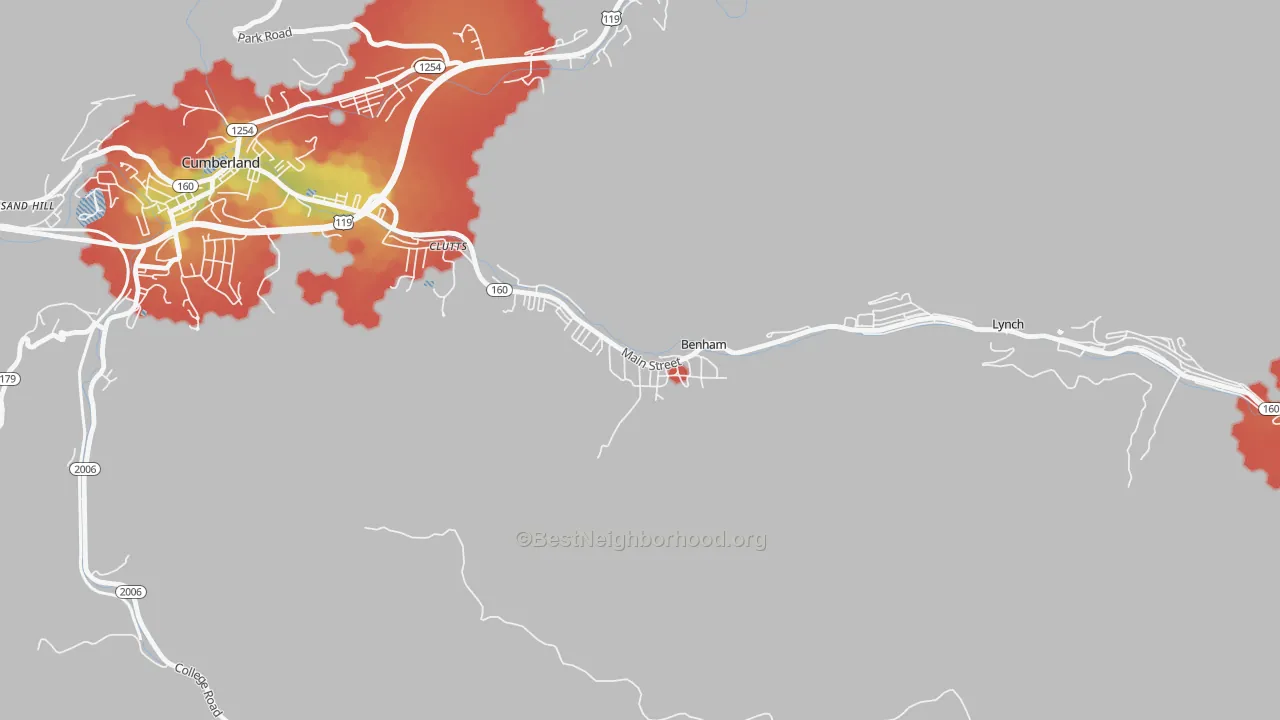 Walk Grade map of 40807, KY, walkable areas in green and car-dependent areas in red