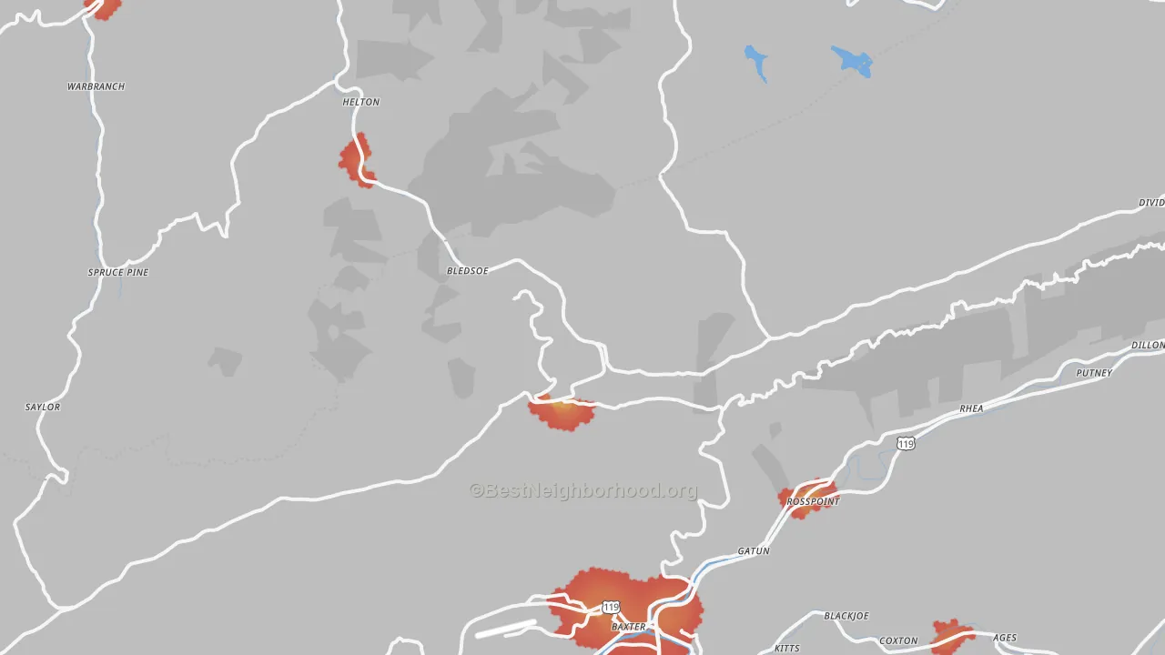 Walk Grade map of 40810, KY, walkable areas in green and car-dependent areas in red