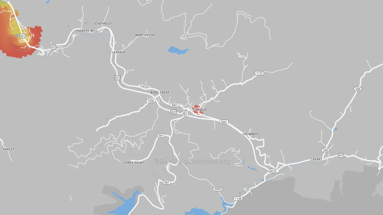 Walk Grade map of 40815, KY, walkable areas in green and car-dependent areas in red