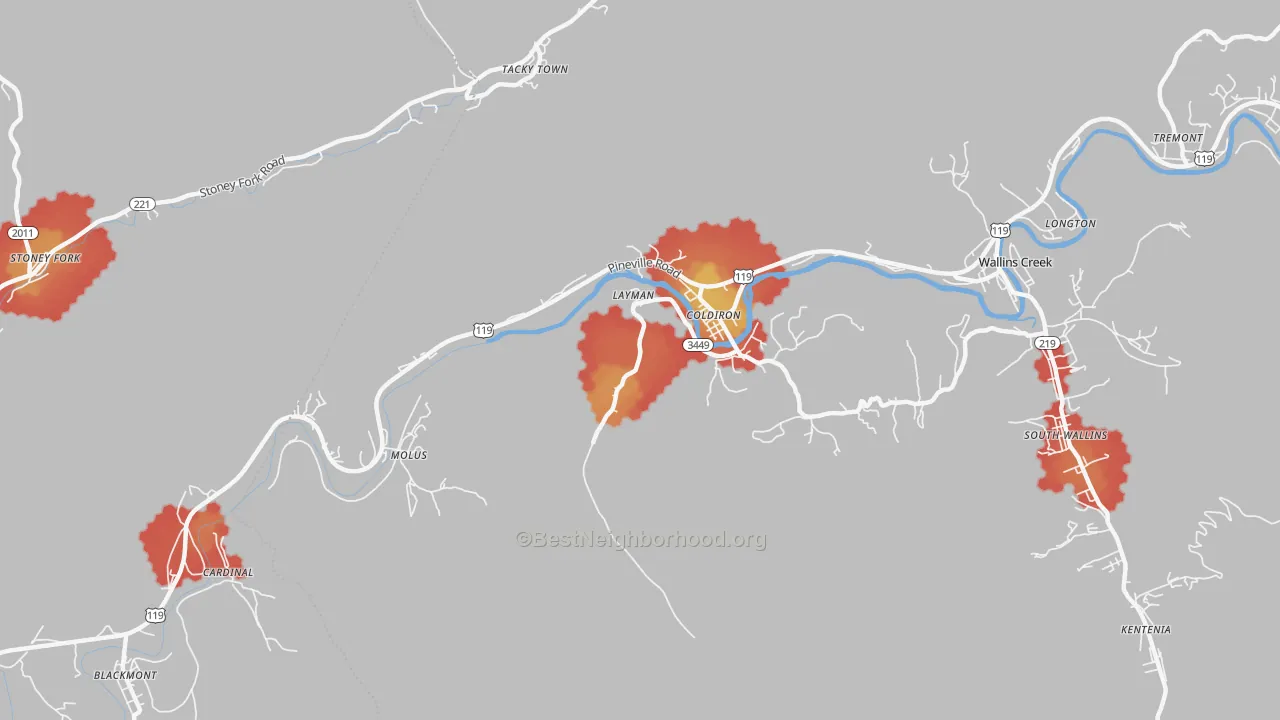 Walk Grade map of 40819, KY, walkable areas in green and car-dependent areas in red