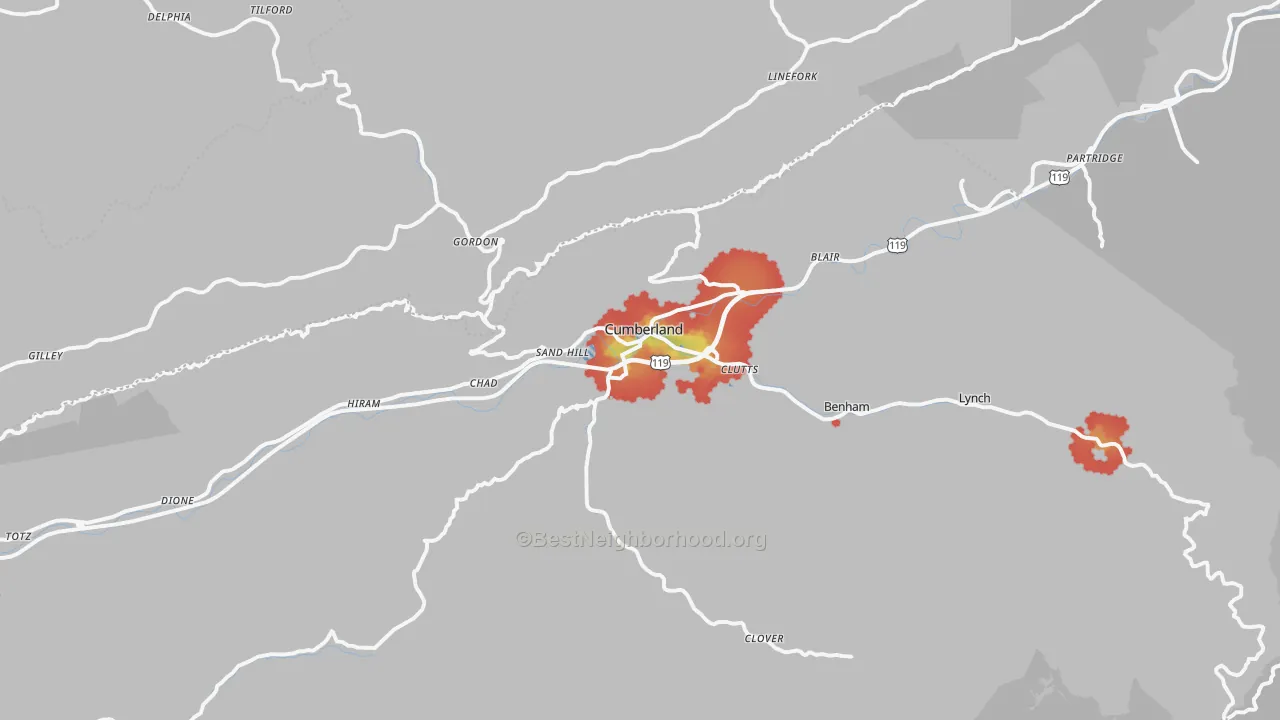 Walk Grade map of 40823, KY, walkable areas in green and car-dependent areas in red