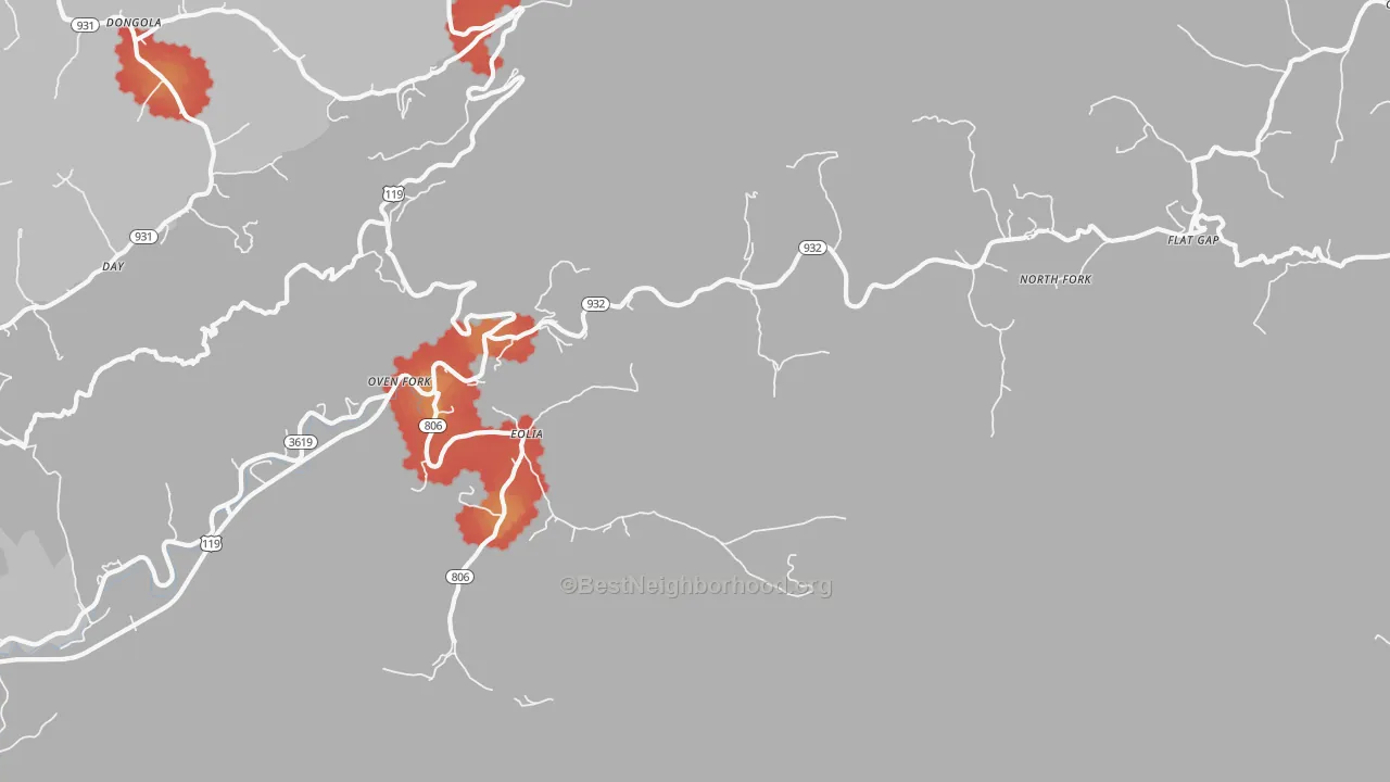 Walk Grade map of 40826, KY, walkable areas in green and car-dependent areas in red