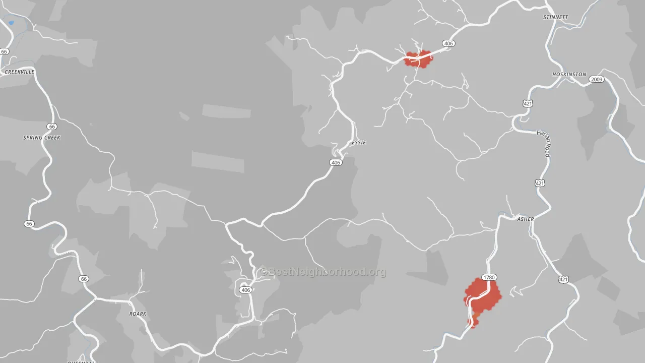 Walk Grade map of 40827, KY, walkable areas in green and car-dependent areas in red