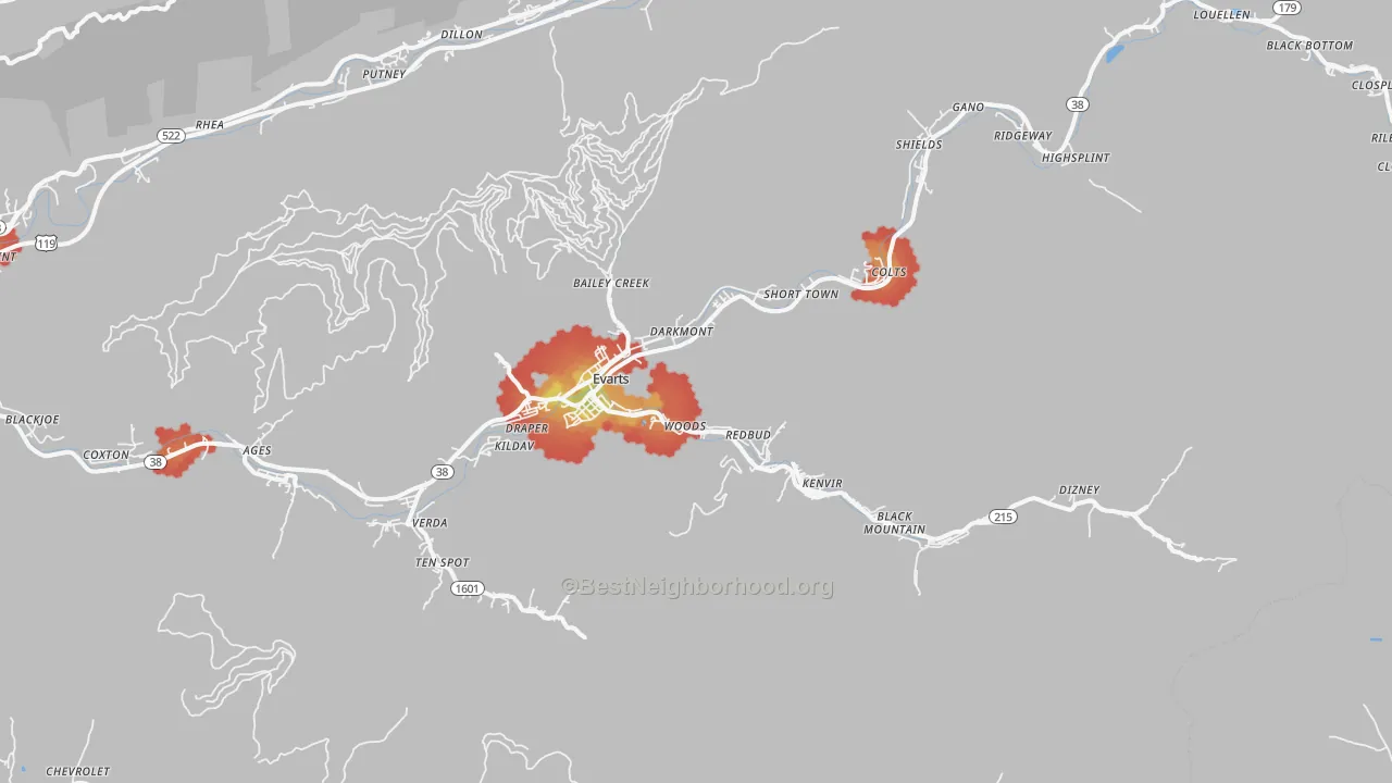 Walk Grade map of 40828, KY, walkable areas in green and car-dependent areas in red