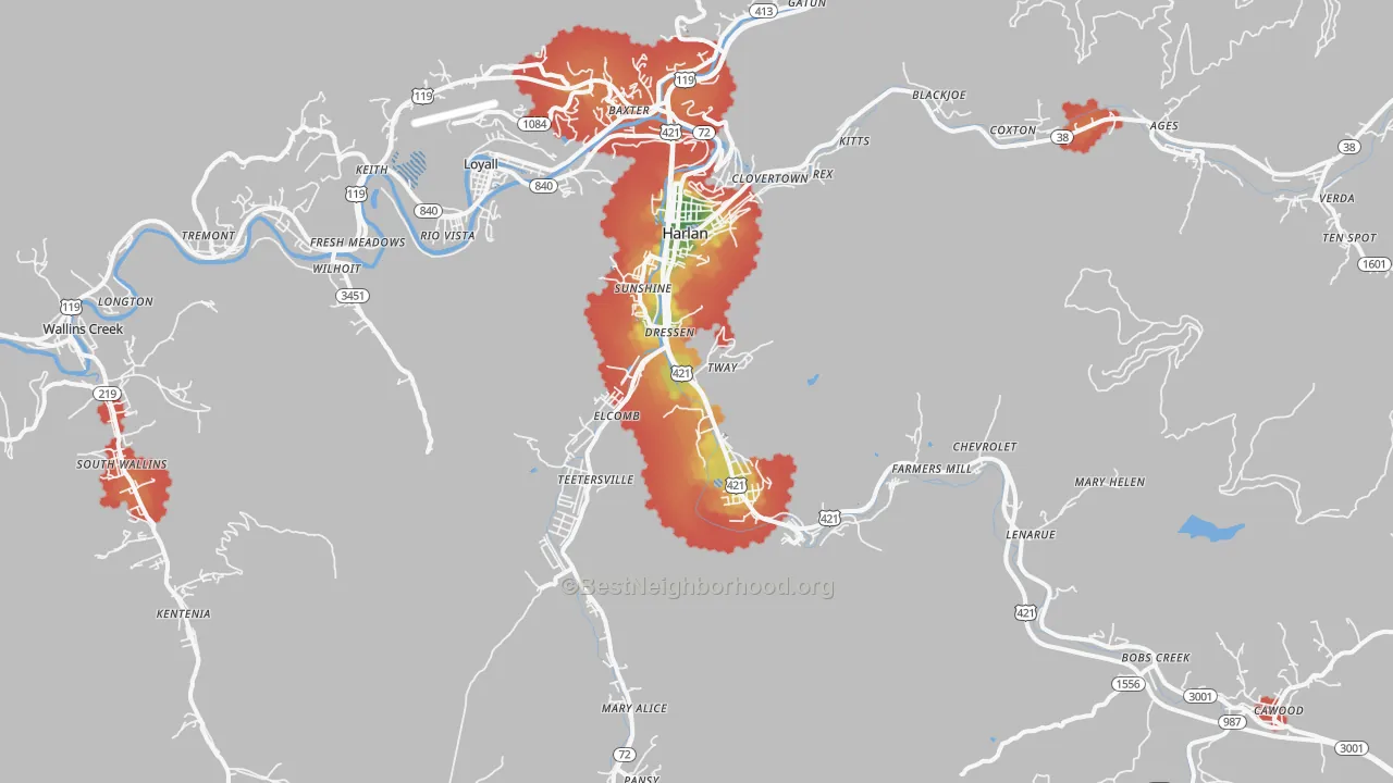 Walk Grade map of 40831, KY, walkable areas in green and car-dependent areas in red