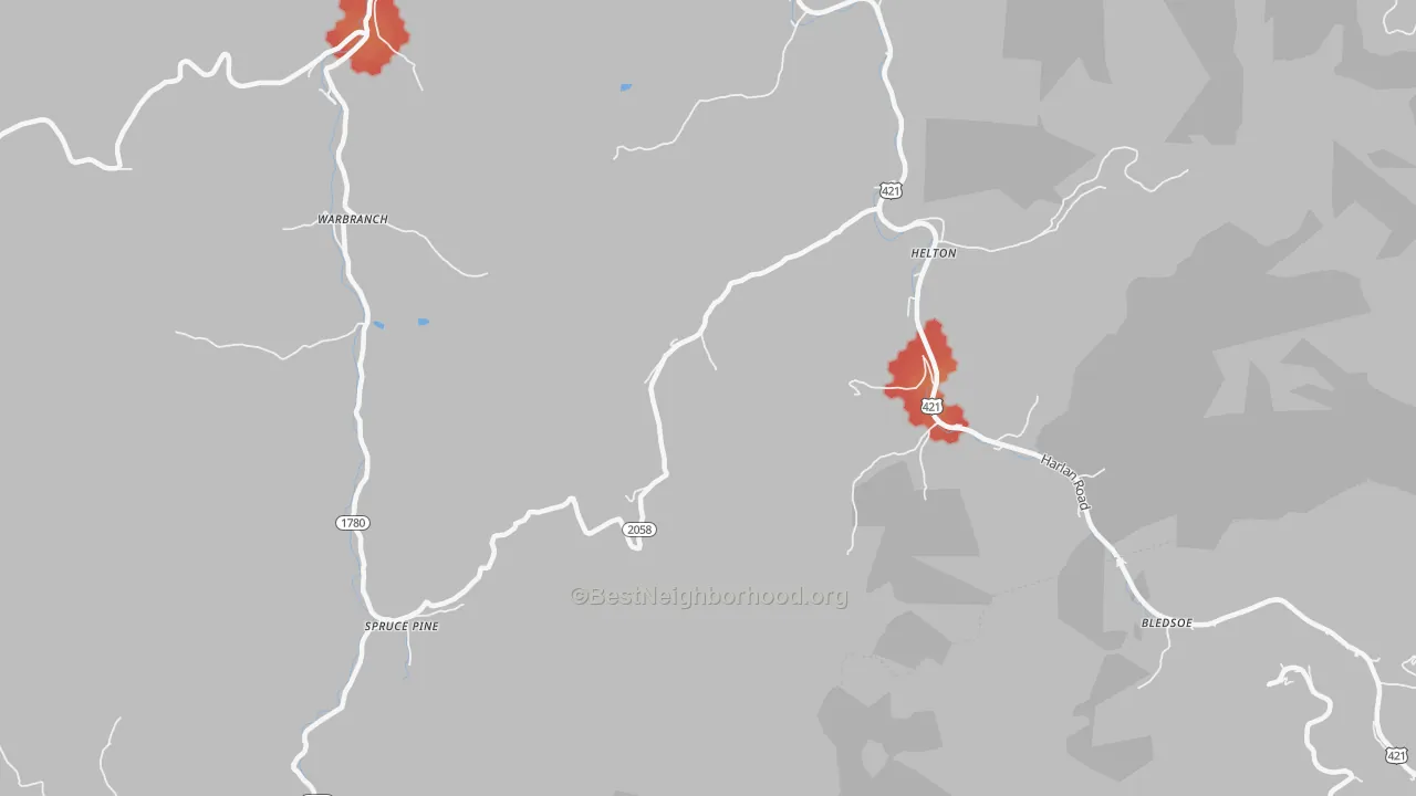 Walk Grade map of 40840, KY, walkable areas in green and car-dependent areas in red