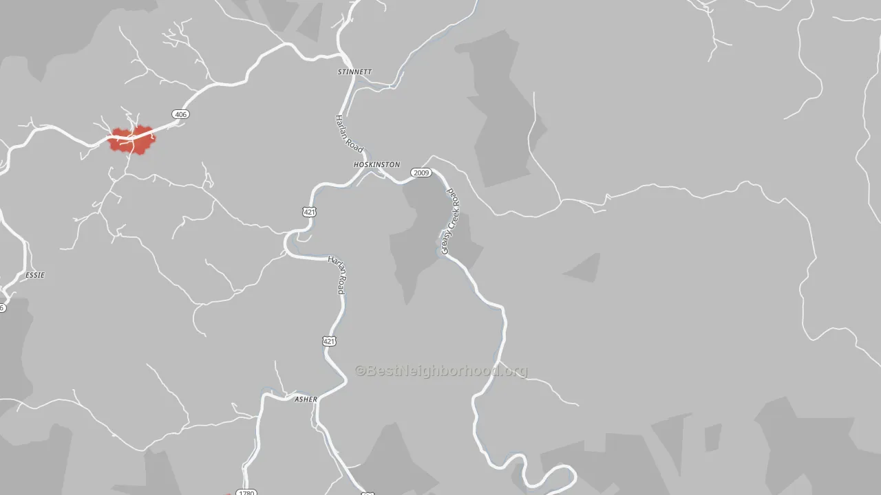Walk Grade map of 40844, KY, walkable areas in green and car-dependent areas in red