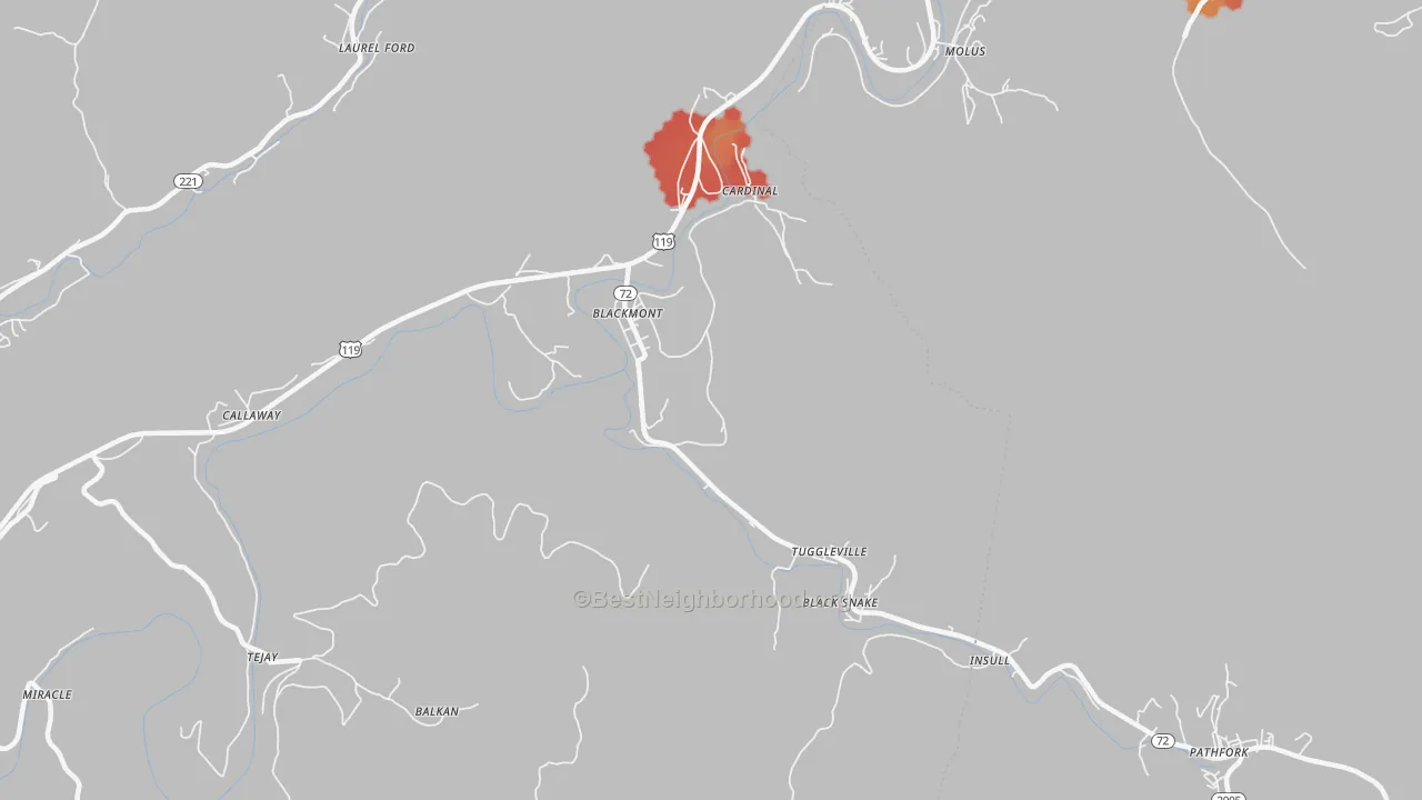 Walk Grade map of 40845, KY, walkable areas in green and car-dependent areas in red