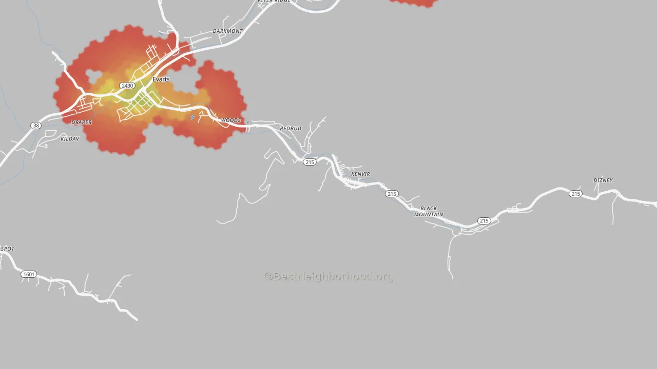 Walk Grade map of 40847, KY, walkable areas in green and car-dependent areas in red