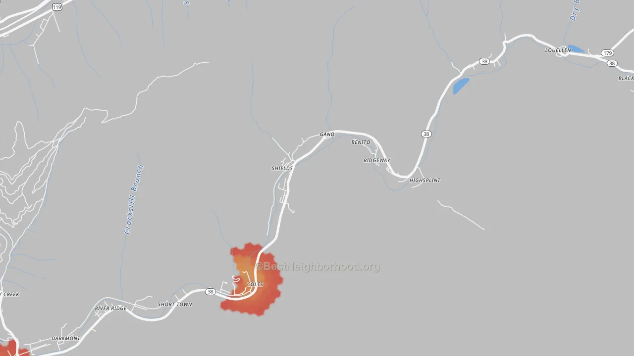 Walk Grade map of 40849, KY, walkable areas in green and car-dependent areas in red