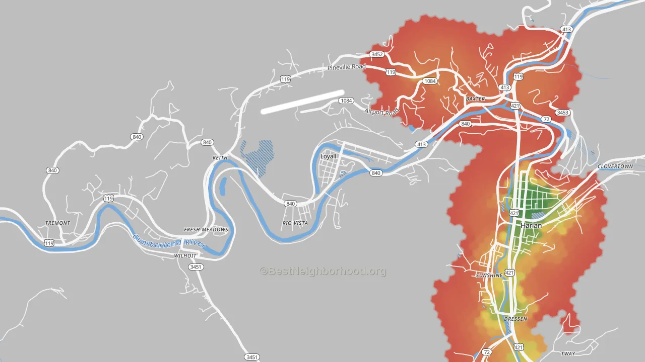 Walk Grade map of 40854, KY, walkable areas in green and car-dependent areas in red