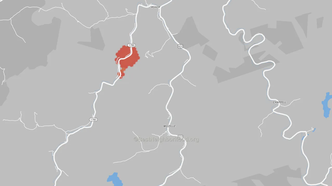 Walk Grade map of 40858, KY, walkable areas in green and car-dependent areas in red