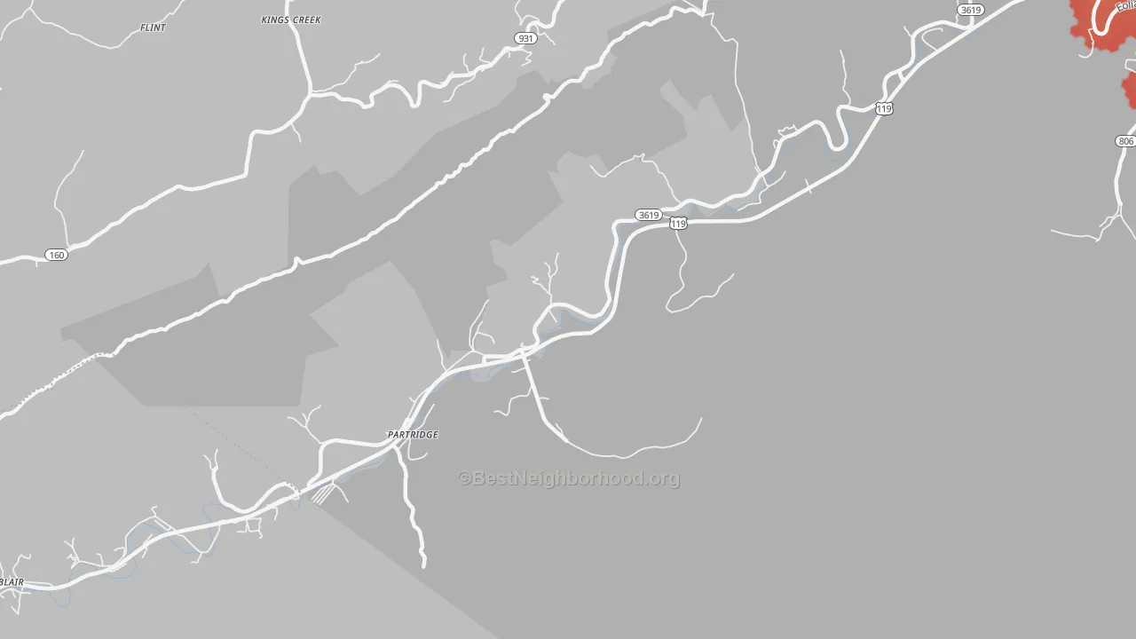 Walk Grade map of 40862, KY, walkable areas in green and car-dependent areas in red