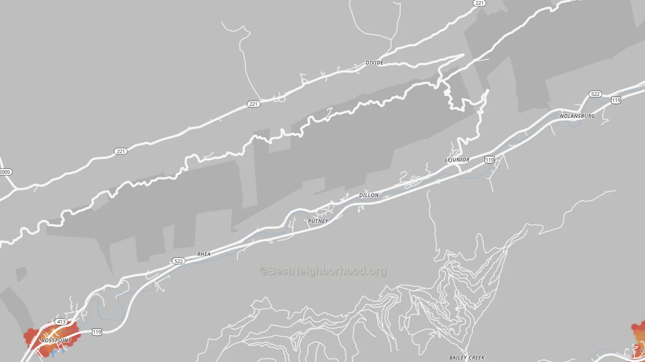Walk Grade map of 40865, KY, walkable areas in green and car-dependent areas in red