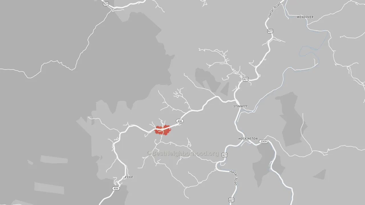 Walk Grade map of 40868, KY, walkable areas in green and car-dependent areas in red