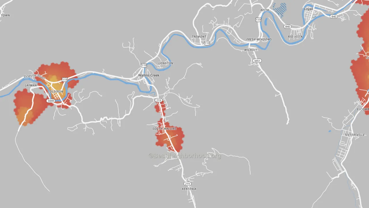 Walk Grade map of 40873, KY, walkable areas in green and car-dependent areas in red