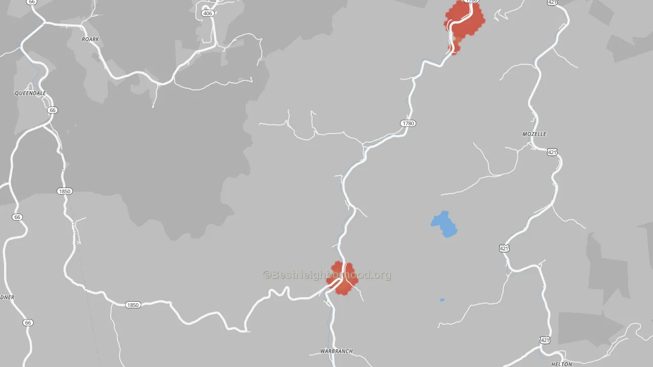 Walk Grade map of 40874, KY, walkable areas in green and car-dependent areas in red