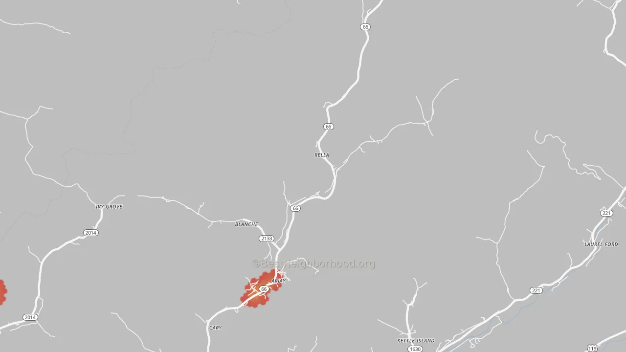 Walk Grade map of 40902, KY, walkable areas in green and car-dependent areas in red