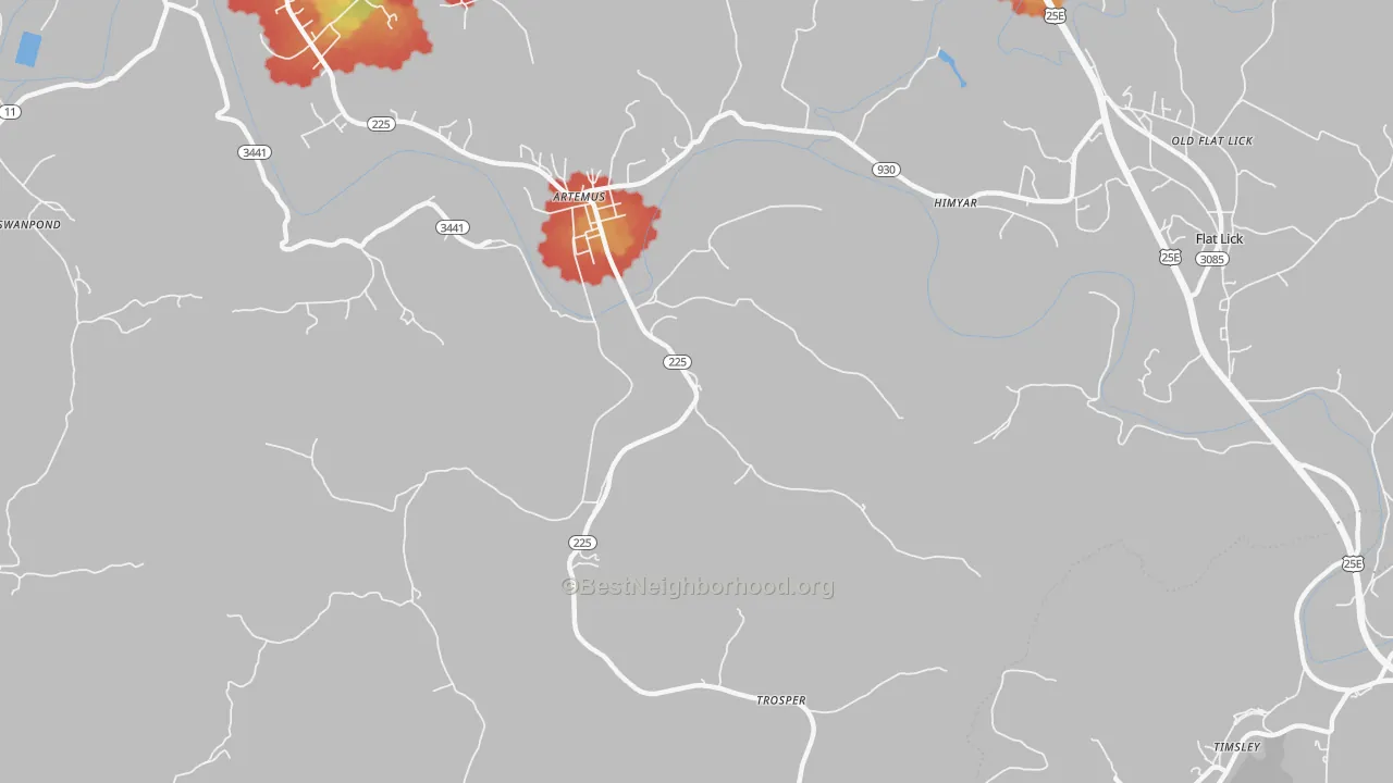 Walk Grade map of 40903, KY, walkable areas in green and car-dependent areas in red