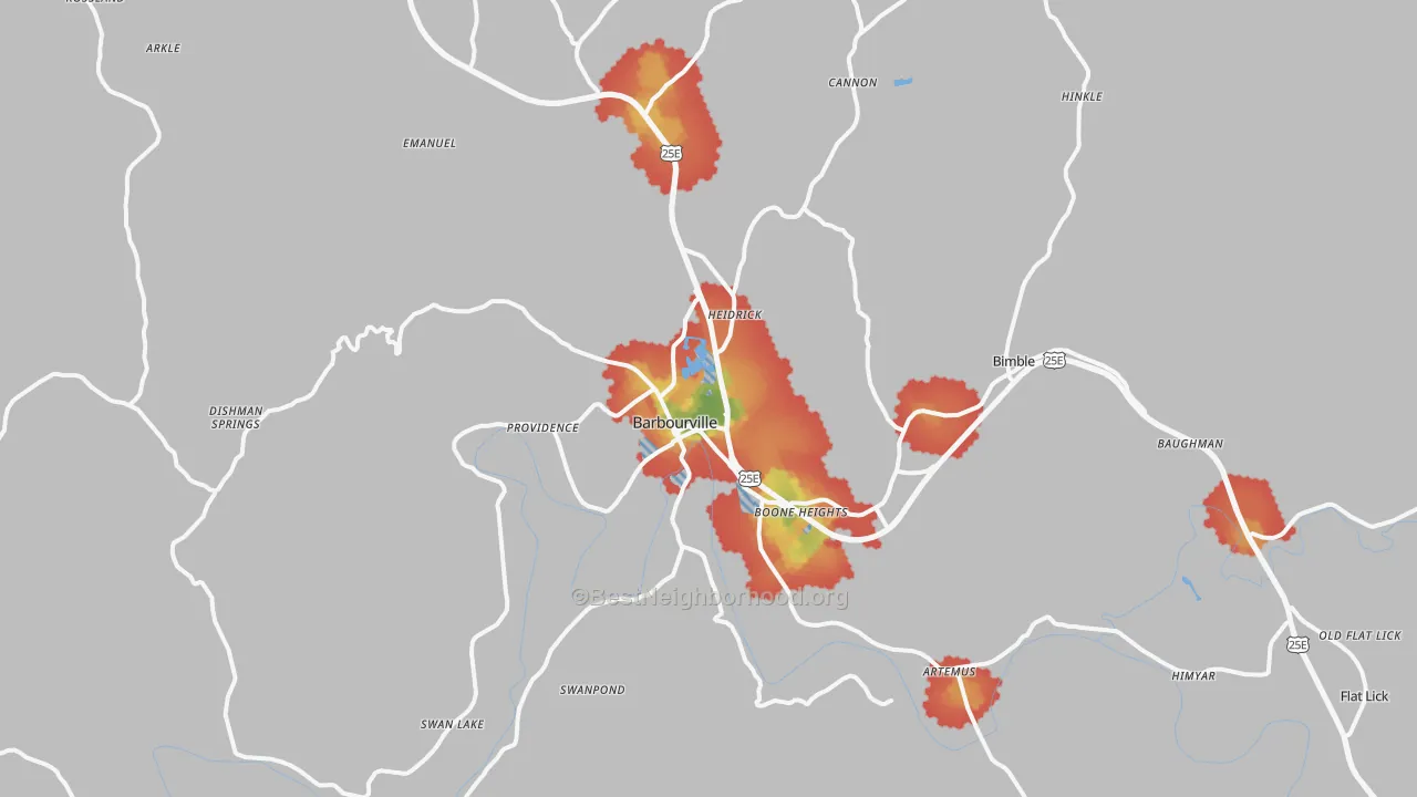 Walk Grade map of 40906, KY, walkable areas in green and car-dependent areas in red