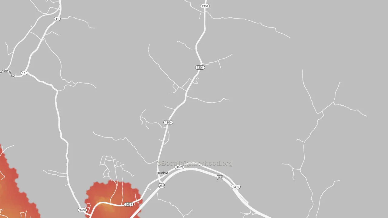 Walk Grade map of 40915, KY, walkable areas in green and car-dependent areas in red