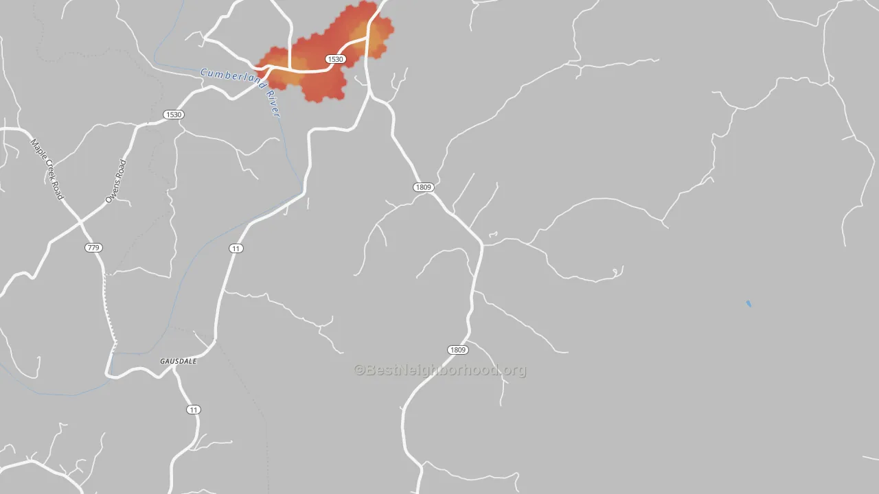 Walk Grade map of 40921, KY, walkable areas in green and car-dependent areas in red